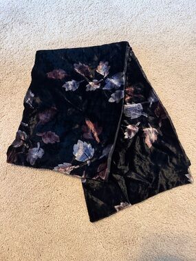 Vintage A. Brod Velvet Fashion Scarf in Black with Silver & Copper Leaf Design